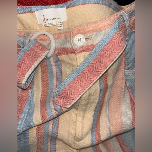 Anthropologie Beachy Wide Leg Soft Neutral Linen Coastal Striped Pants 10 Petite - Picture 6 of 8